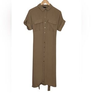 Black Tape_ Brown Button Front Midi Shirt Dress Utility Minimalist Neutral Small